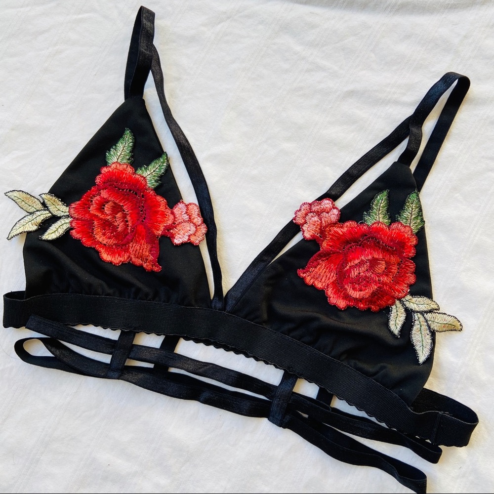 Rose embroidered lingerie triangle bralette bra